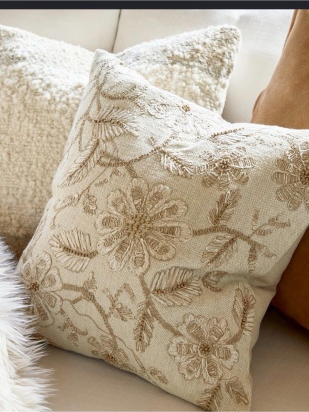 SET 2 Pottery Barn Corin Embroidered Pillow natural Pillows with down inserts